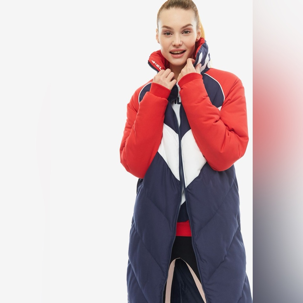 FILA Long Puffer Coat | Colorblock Red Navy White S - Picture 2 of 9
